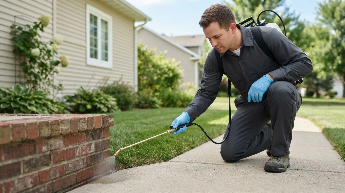 Pest control technician treating a home near Dowling, MI