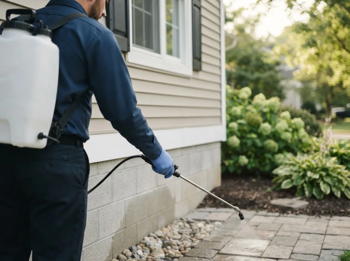 Pest control technician inspecting a home in Dowling, MI